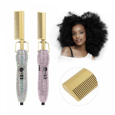 titanium multi tool pink  rhinestone  bling  flat iron brush  electric hair hot press comb straightener