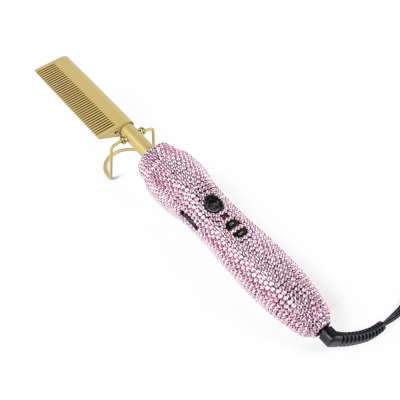 titanium multi tool pink  rhinestone  bling  flat iron brush  electric hair press  hot comb straightener